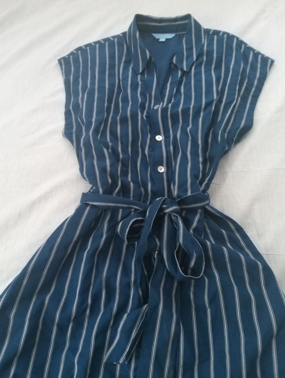 Draper James Striped Navy Button-Front Shirt Dress with Waist Tie - Picture 5 of 12